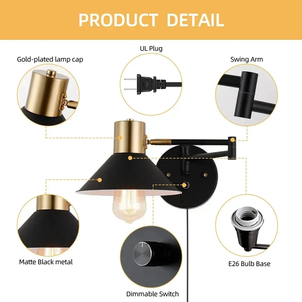 Dimmable Plug-in Metal Wall Sconce - Adjustable Angle Bedside Lamp - Default Title