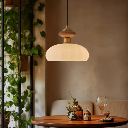 Royaleva Mid Century Glass and Wood Pendant Light with Brass Fittings