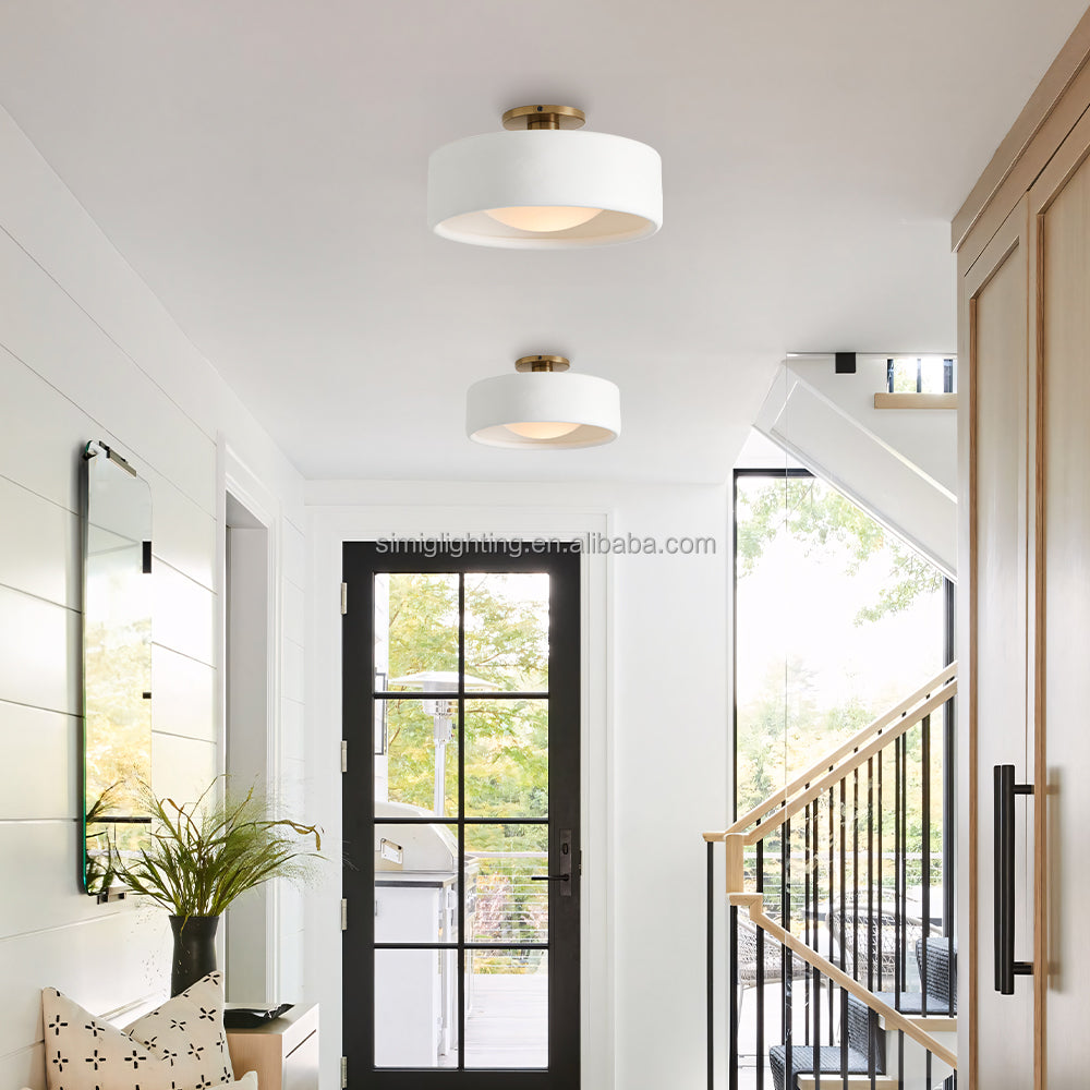 LuxRoyale Modern White Porcelain Semi-Flush Mount Ceiling Light with Brass Accent