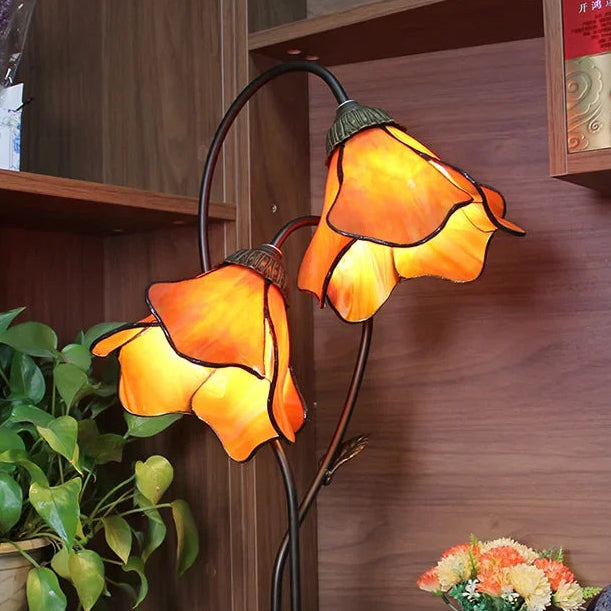 LuxRoyale Lotus Twin-Flower, Tiffany-Style Glass Table Lamp With Vintage Resin Base