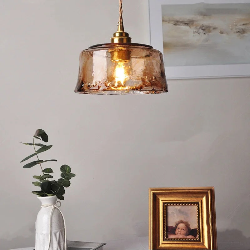 LuxRoyale Vintage Loft Style Amber Round Glass Copper Pendant Light