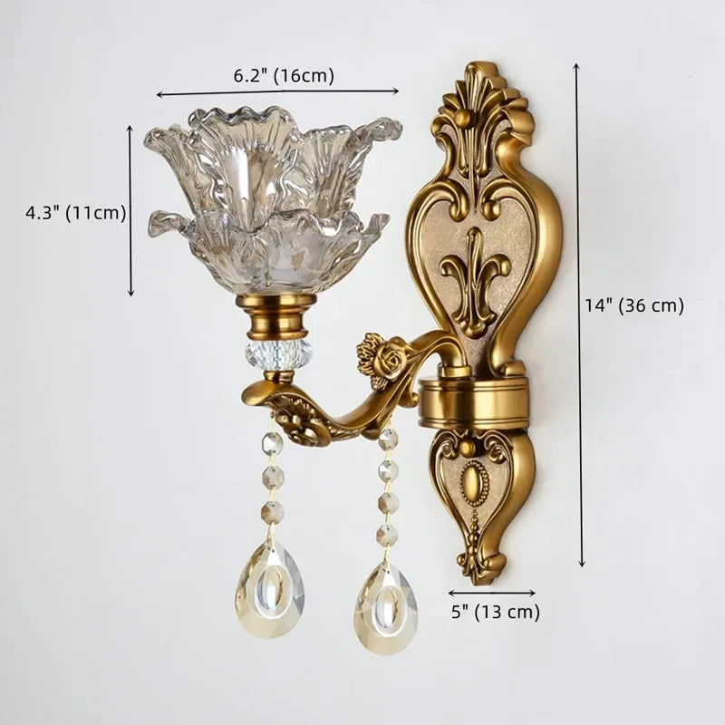 RoyaleGlow Antique Brass Wall Light - Retro Crystal Glass Dual Head Lamp for Living Room
