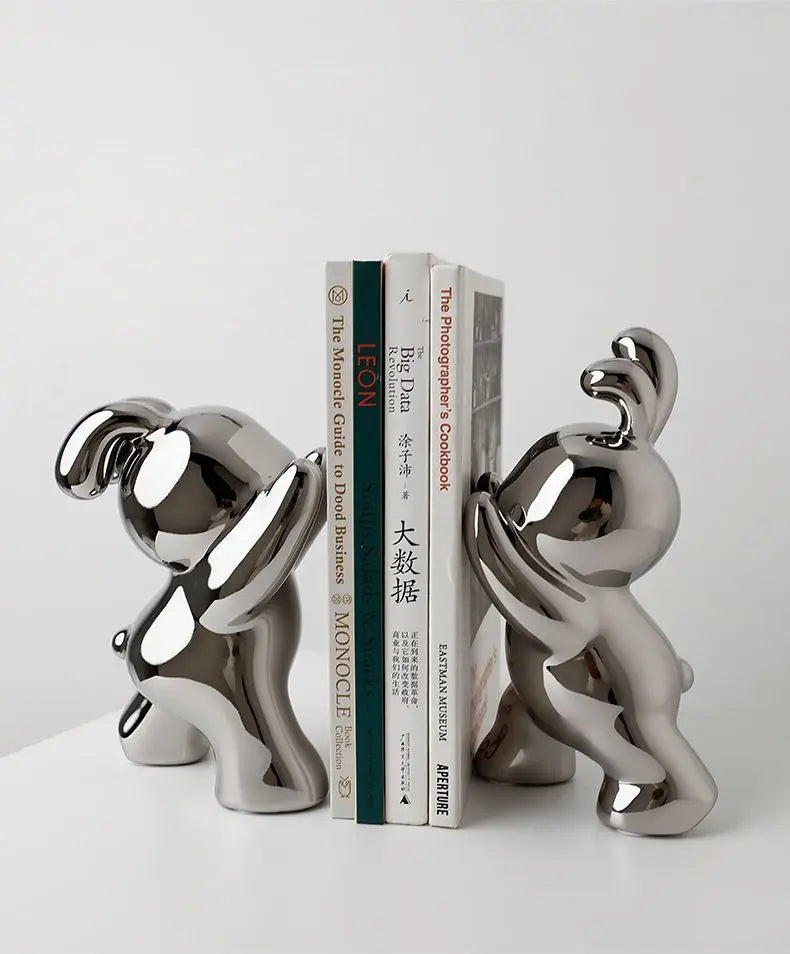Royelux Modern Bunny Bookends - Black & White Ceramic Rabbit Statues for Shelves