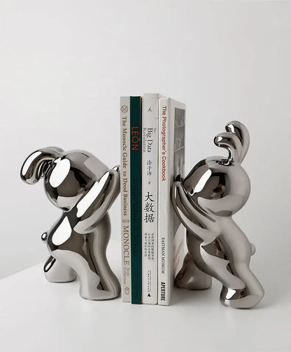 Royelux Modern Bunny Bookends - Black & White Ceramic Rabbit Statues for Shelves