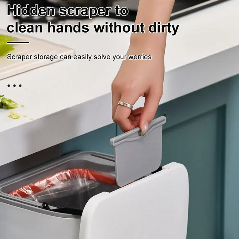 Luxora Hanging Trash Can with Lid - Easy Mount One Click Empty Kitchen Waste Bin