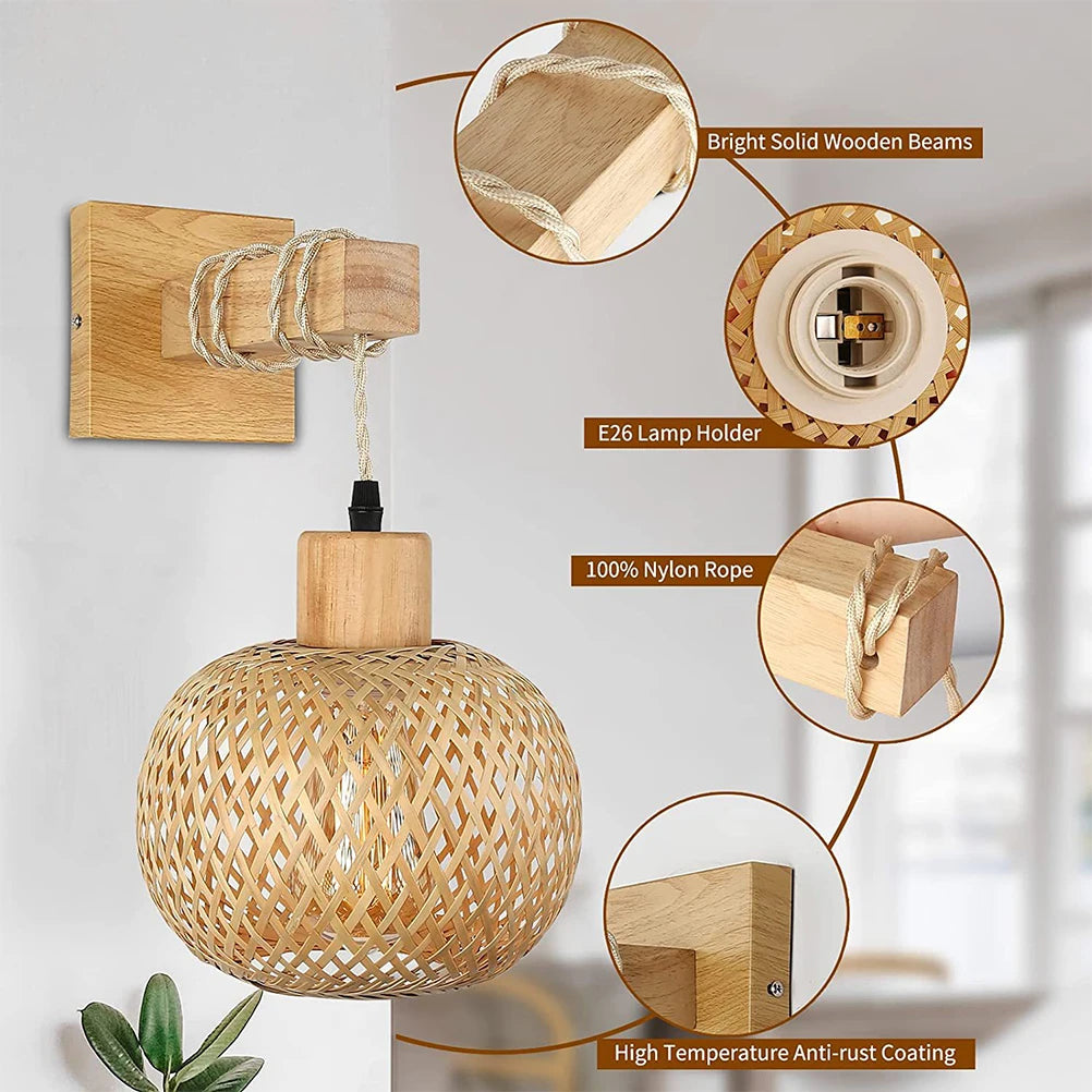 Royallure Bamboo Rattan Wall Lamp Handwoven Wicker Light Fixture for Room Decor