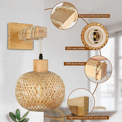 Royallure Bamboo Rattan Wall Lamp Handwoven Wicker Light Fixture for Room Decor