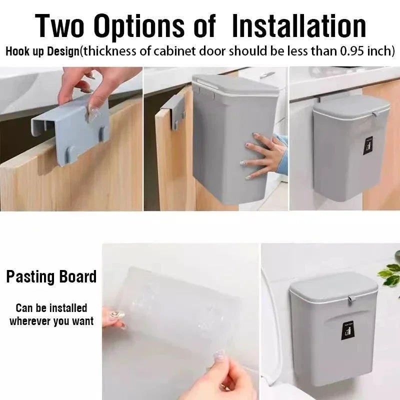Luxora Hanging Trash Can with Lid - Easy Mount One Click Empty Kitchen Waste Bin