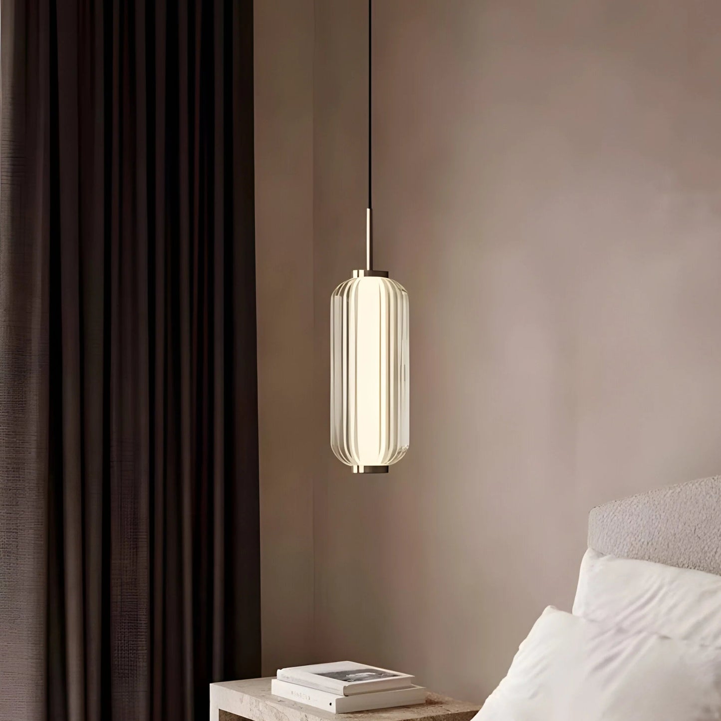 RoyaleGlow Modern Ribbed Glass Pendant Light - Brushed Gold Linear Cylinder Hanging Lamp