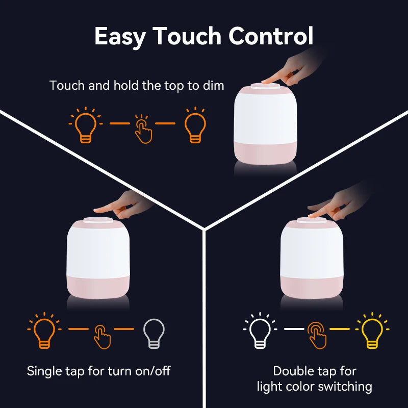 Rayvia Touch Sensor LED Table Lamp - Portable Night Light for Bedroom & Kids - Pink / Rechargeable Style