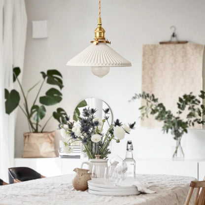 LuxRoyale Vintage Ribbed White Ceramic Minimalist Pendant Light Gold Hardware