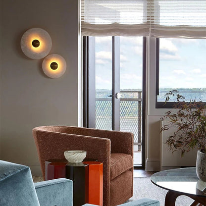 LuxRoyale Round Alabaster Wall Lamp With Fluted Brass Center And Hidden LED Glow