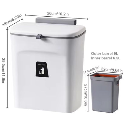 Luxora Hanging Trash Can with Lid - Easy Mount One Click Empty Kitchen Waste Bin