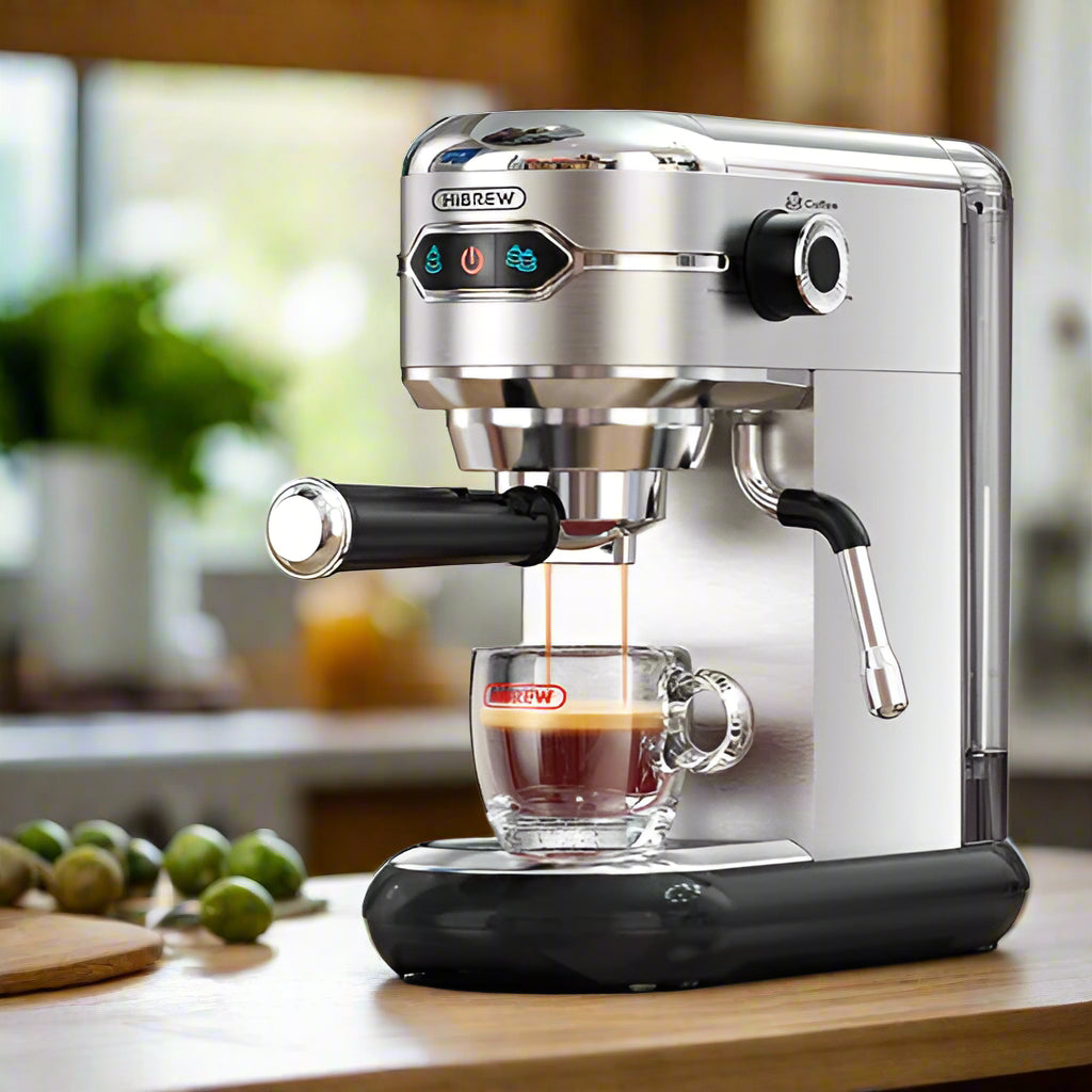HiBREW slim espresso machine with 20-bar pressure, stainless steel design, and compatibility with ESE pods and coffee powder for professional coffee brewing.
