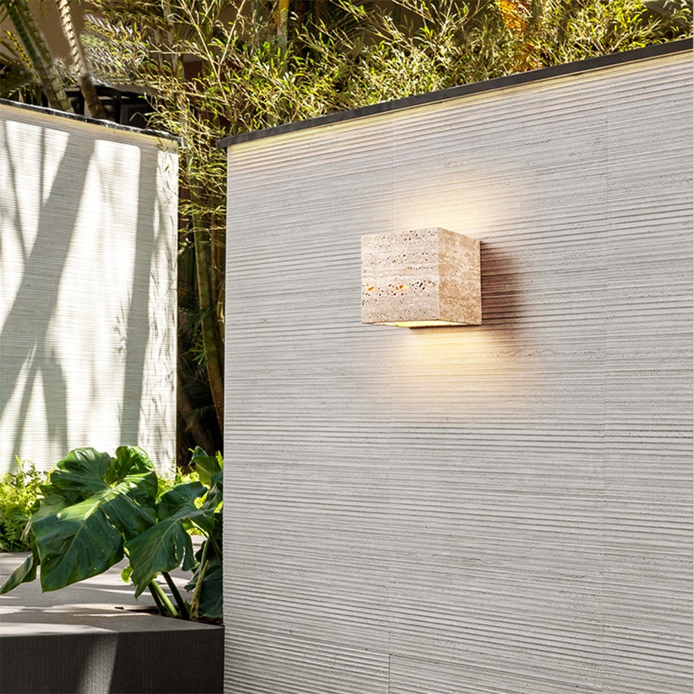 LuxRoyale Natural Travertine LED Wall Sconce- Wabi Sabi Cube Up Down Light