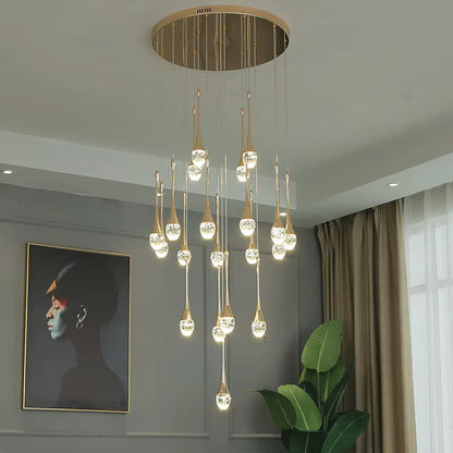 LuxRoyale Waterfall Gold LED Crystal Chandelier for Staircase Entryway