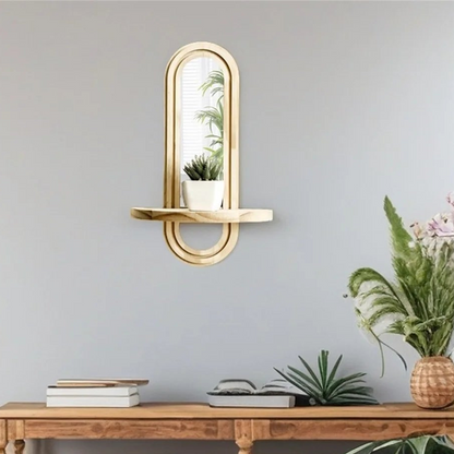 RoyaleGlow Modern Arched Wall Mirror with Integrated Wood Shelf