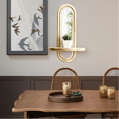 RoyaleGlow Modern Arched Wall Mirror with Integrated Wood Shelf