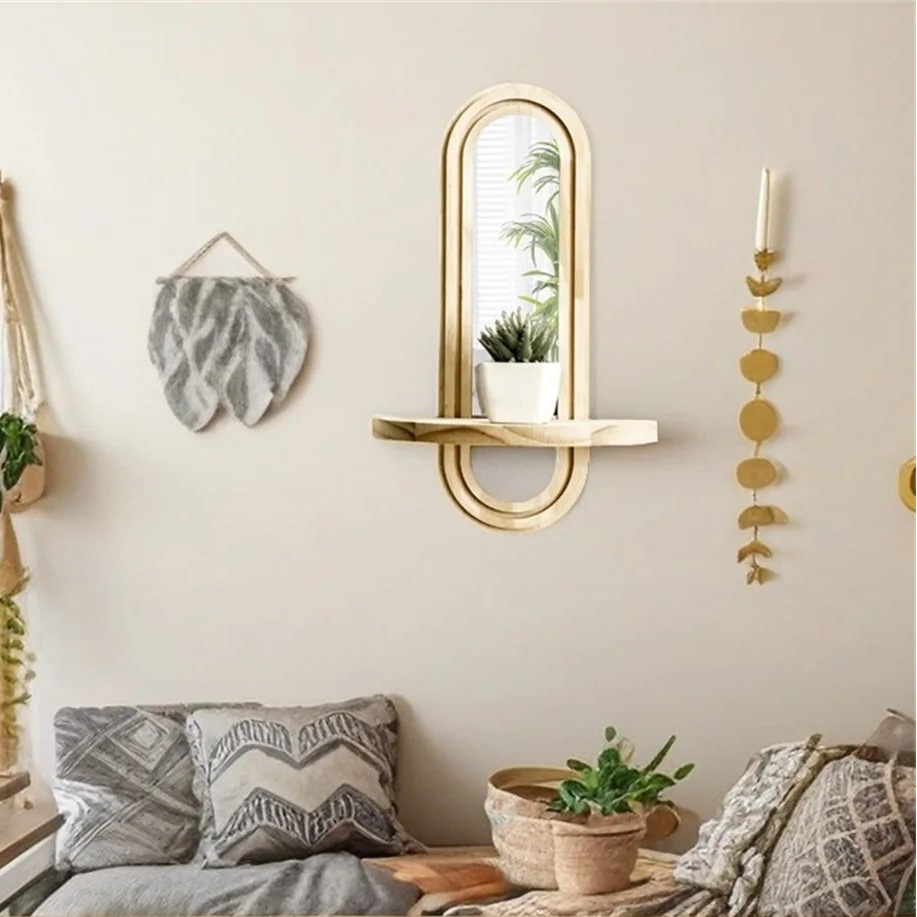 RoyaleGlow Modern Arched Wall Mirror with Integrated Wood Shelf