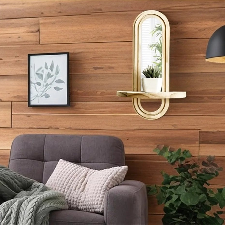 RoyaleGlow Modern Arched Wall Mirror with Integrated Wood Shelf