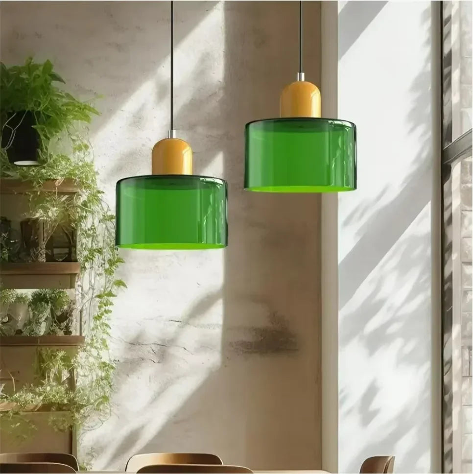 Royaleva Glass Pendant Light With Layered Color Block Drum Shade