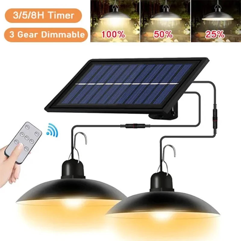 Solar-powered double-head LED pendant light chandelier with remote control, ideal for barns, sheds, and outdoor spaces.