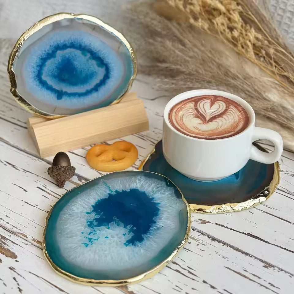 Luxora Blue Agate Coaster with Gold-Plated Edges – Heat-Resistant Beverage Holder