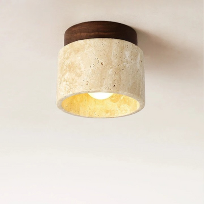 RoyaleGlow Japandi Travertine Wood LED Flush Mount Ceiling Light - Modern Minimalist
