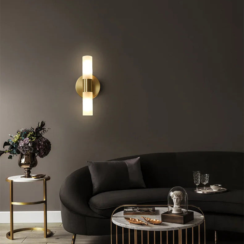 LuxRoyale Etched Glass Cylinder Shade Brass Wall Lamp