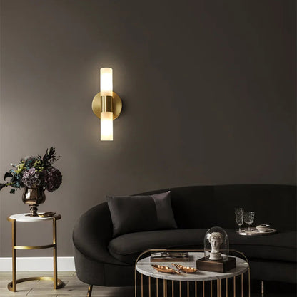 LuxRoyale Etched Glass Cylinder Shade Brass Wall Lamp
