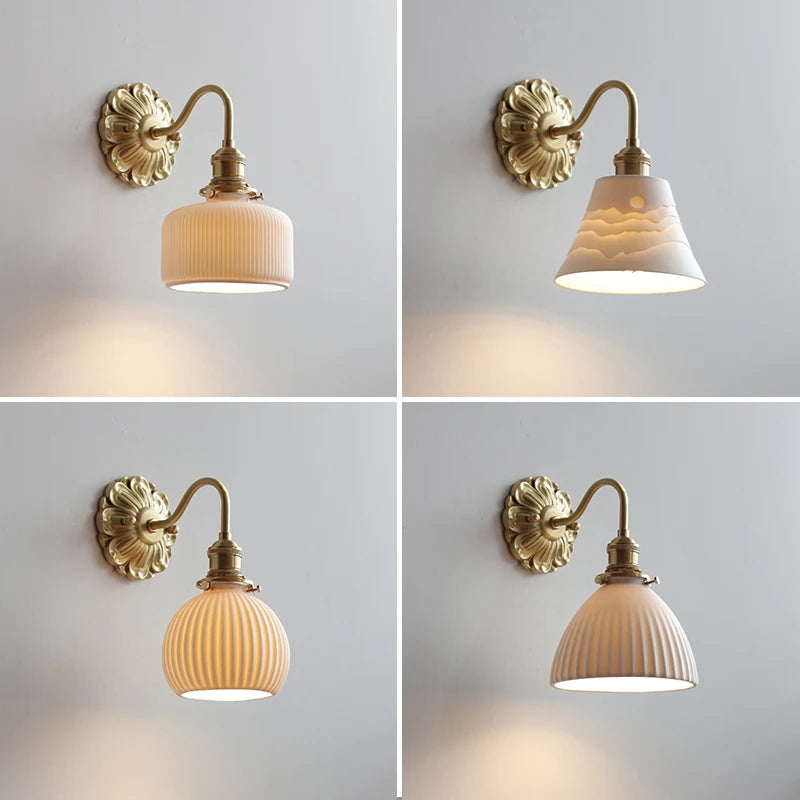 LuxRoyale Mid-Century French Countryside Brass Ceramic Wall Lamp