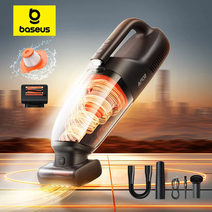 Baseus AP02 wireless car vacuum cleaner with silicone roller brush, LED light, and 1000ml dust bin for versatile cleaning.