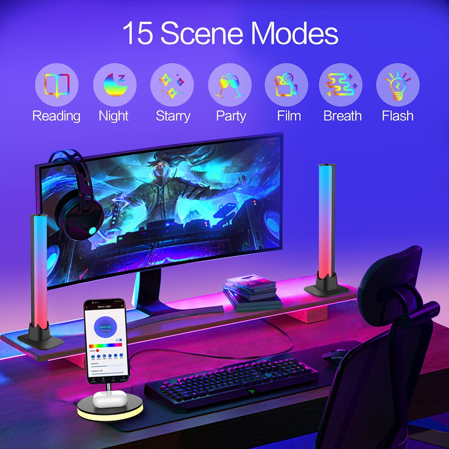 Royelux Rhythmic Light Bars - Sound Sync RGB LED Bars with App Control, USB-Powered - 1-Pack