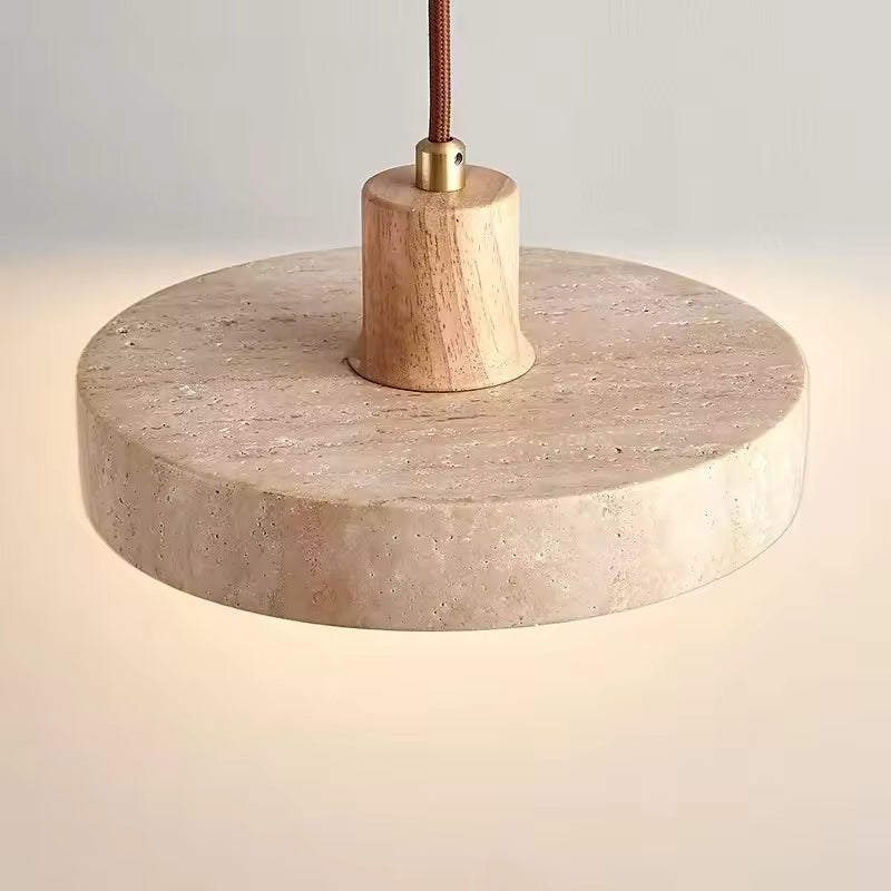 RoyaleGlow Travertine & Wood Disk Pendant Light, Warm LED Ambient Lamp
