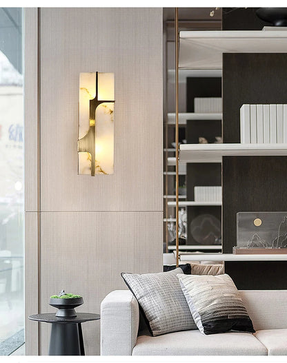 LuxRoyale Ariel Alabaster Wall Lamp With Brass Frame For Modern Living Rooms And Hallways