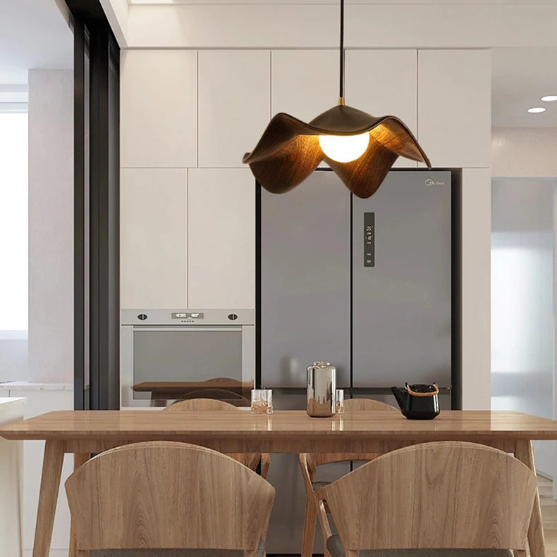 LuxRoyale Petal Wave Organic LED Pendant Light Lotus-Inspired Wood-Texture for Japandi Bedroom and Dining Room