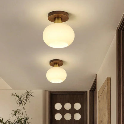 RoyaleGlow Modern Opal Glass Flush Mount Ceiling Light with Walnut & Copper Accents
