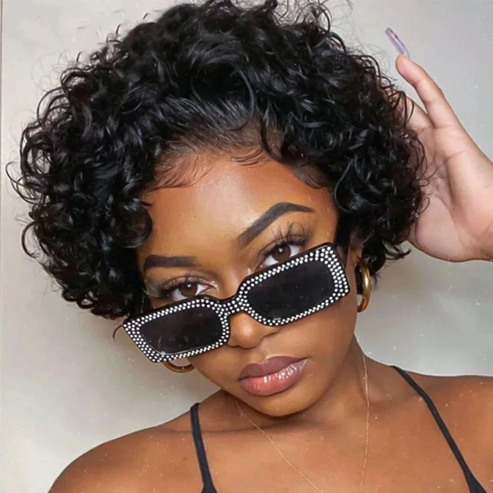 Royaleva Premium Lace Front Short Curly Pixie Bob Human Hair Weave Wig