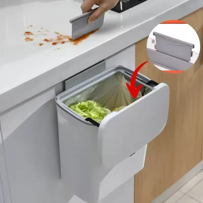 Luxora Hanging Trash Can with Lid - Easy Mount One Click Empty Kitchen Waste Bin