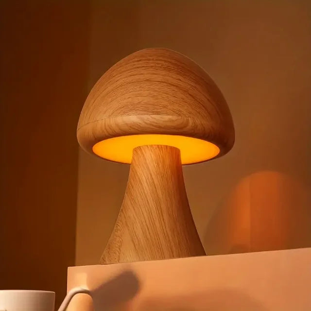 Wooden Mushroom Lamp - Portable LED Night Light with Touch Sensor and Dimmable Settings - Default Title