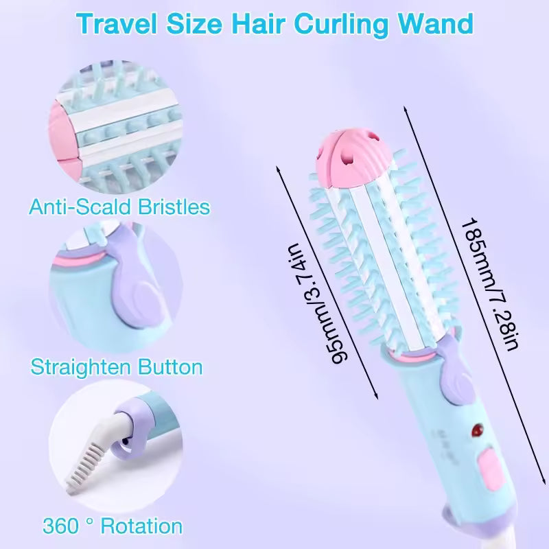 Rayvia Mini 2-in-1 Curling Iron Brush & Hair Straightener, Portable Travel Styler