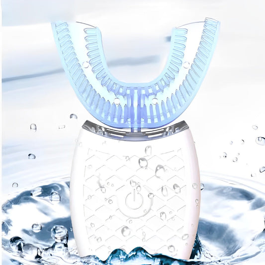 U-Shaped Ultrasonic Toothbrush – 360° hands-free cleaning in 45 seconds with ultrasonic nano vibrations. Features 4 intelligent modes, LED cold light whitening, soft food-grade silicone bristles, and an IPX7 waterproof design. USB rechargeable, whisper-quiet, and travel-friendly for effortless oral care