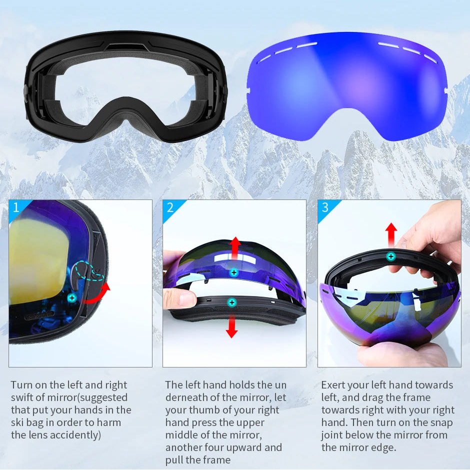 Luxora Double Layer Anti-Fog Ski Goggles with Interchangeable Lenses and UV400 Protection