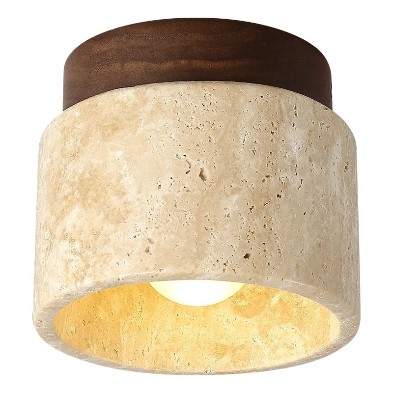 RoyaleGlow Japandi Travertine Wood LED Flush Mount Ceiling Light - Modern Minimalist