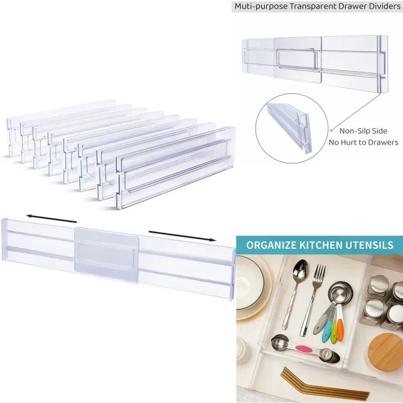 Clear adjustable drawer dividers, expandable and durable, perfect for organizing kitchen utensils, clothes, makeup, and office supplies.