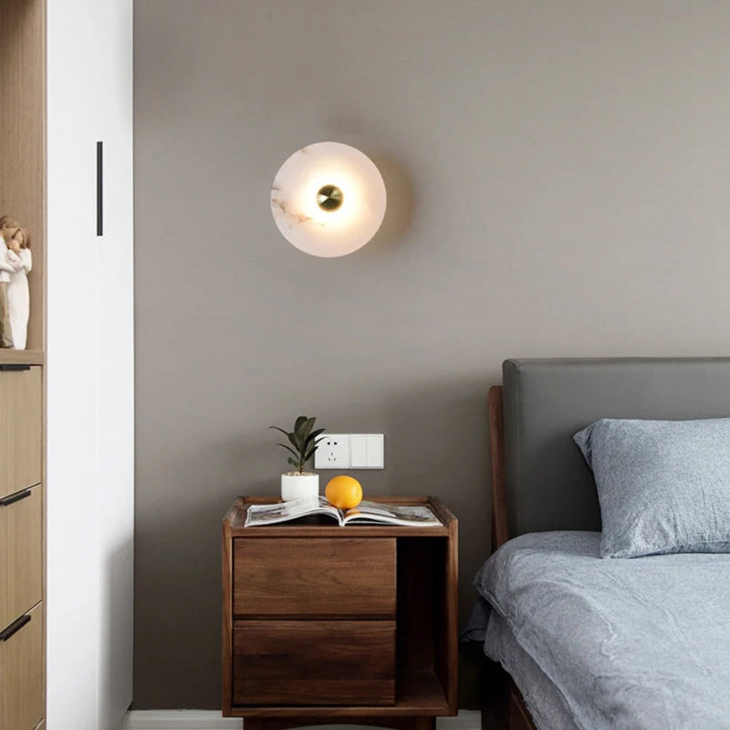 LuxRoyale Round Alabaster Wall Lamp With Fluted Brass Center And Hidden LED Glow