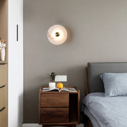 LuxRoyale Round Alabaster Wall Lamp With Fluted Brass Center And Hidden LED Glow