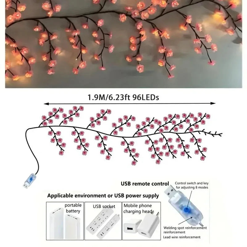 RoyaleGlow Cherry Blossom String Lights – 96 LED USB Branch Lamps - Cherry Blossom