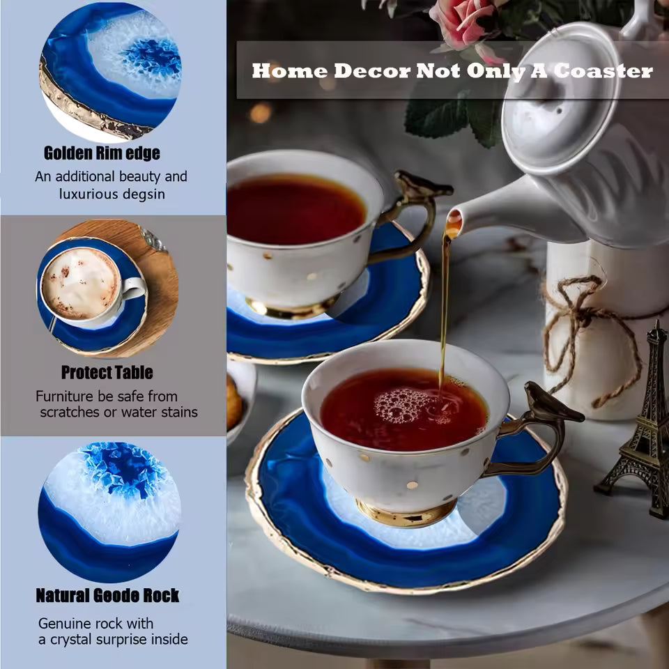 Luxora Blue Agate Coaster with Gold-Plated Edges – Heat-Resistant Beverage Holder