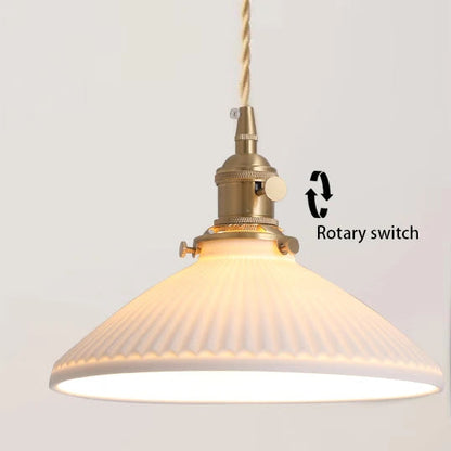 LuxRoyale Vintage Ribbed White Ceramic Minimalist Pendant Light Gold Hardware